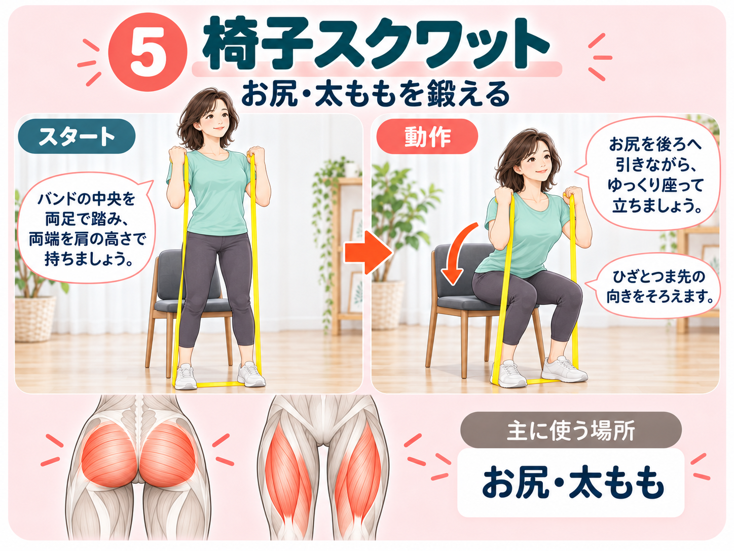 セラバンドを使った椅子スクワットのやり方